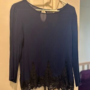 Kori Women’s Navy Blue Blouse Trimmed with Black Lace Hem, Size M